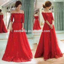 Elegante encaje Appliqued una línea de manga de casquillo Tulle rojo largo vestido de fiesta de noche de Navidad 2016